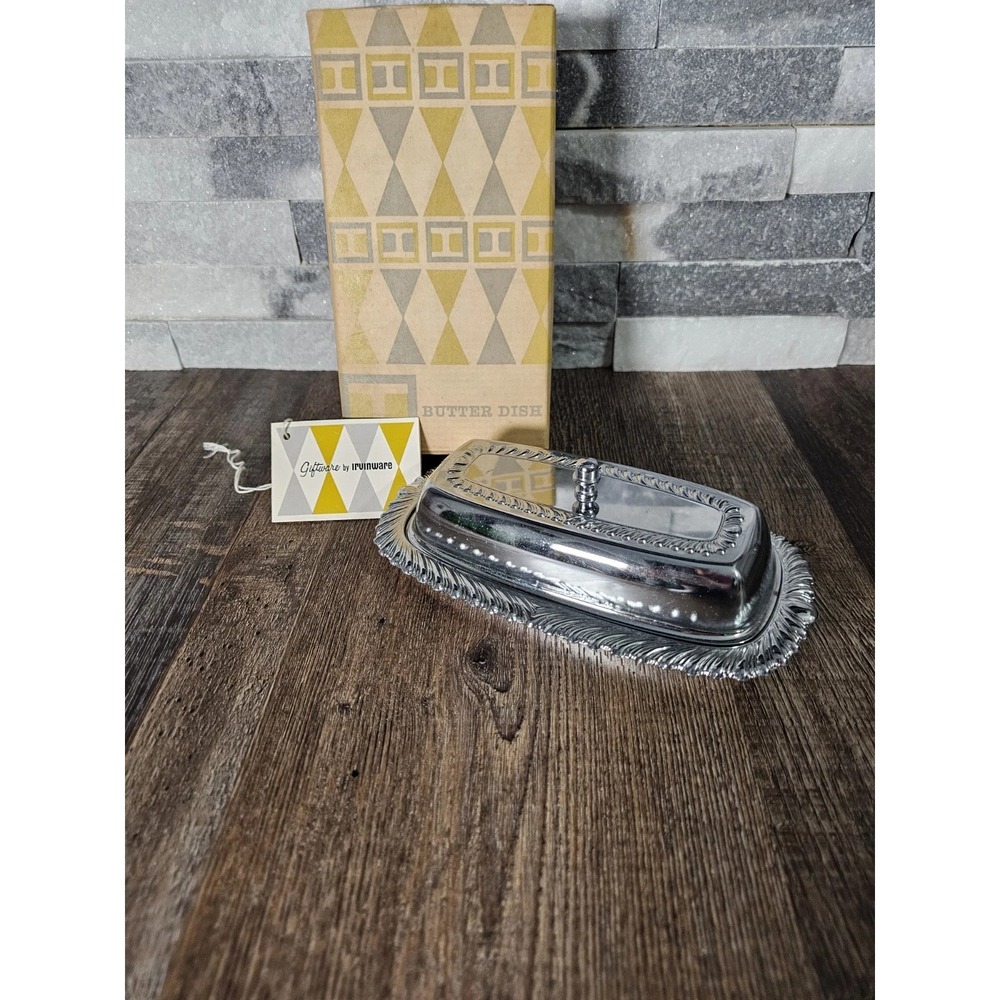 Vintage Irvinware Covered Butter Dish 1970s Chrome Lid Glass Insert ORIGINAL BOX